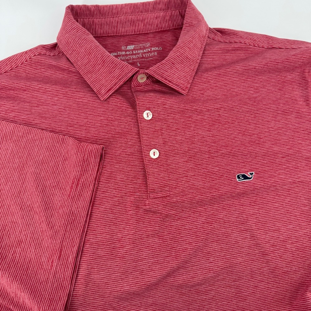 Vineyard Vines Mens On-The-Go Sankaty Polo Shirt Red Stripe Large L Stretch Golf